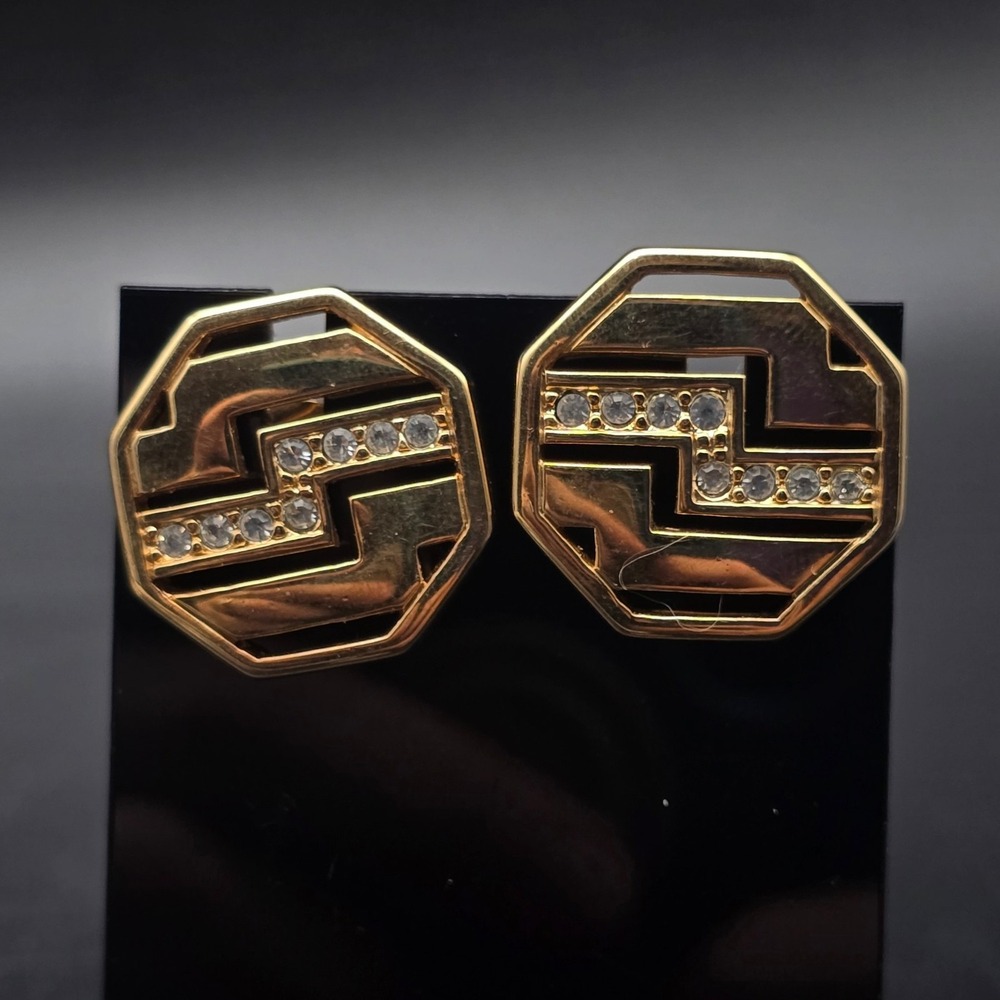 Avon 1986 Private Collection Earrings Geometric Rhinestone Gold Tone Pierced